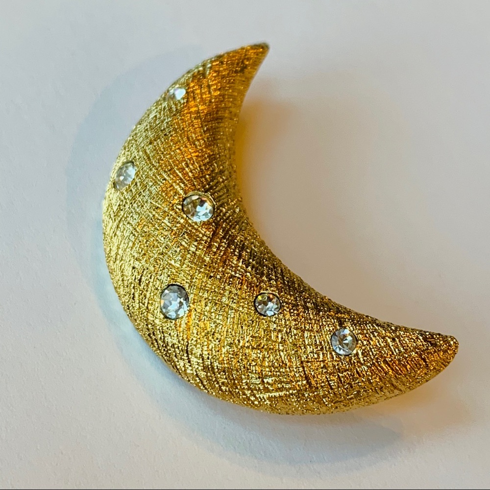 DIOR Crescent Moon Brooch Pin Gold Crystal Vintage - Picture 6 of 6